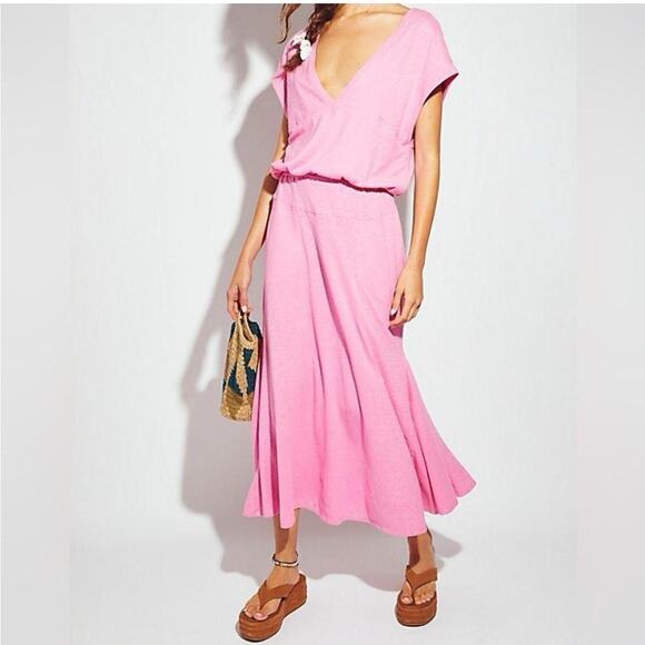 Free People FP Beach Pink Maxi Dress Sleeveless V Neck Elastic Waist Cotton S - Picture 1 of 7